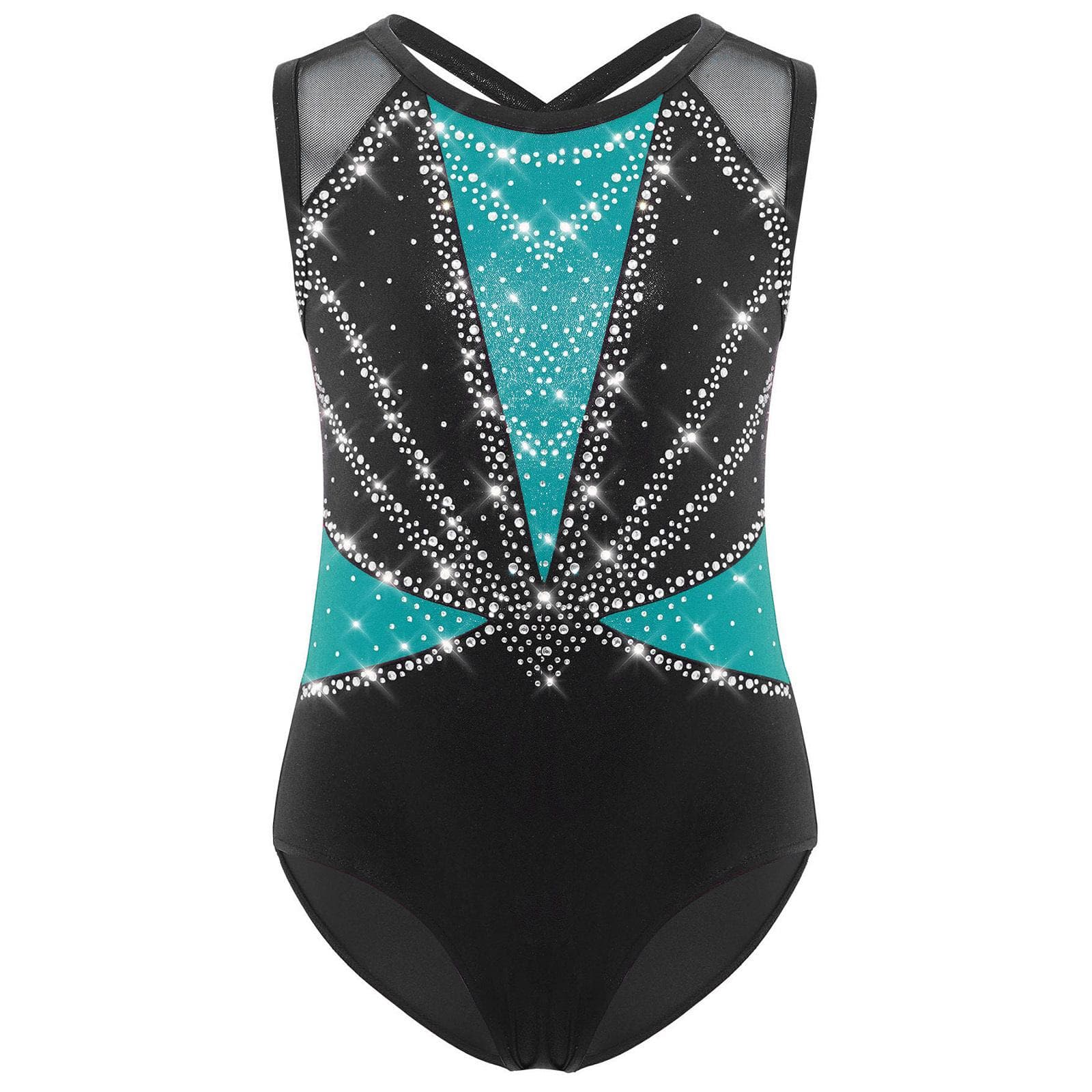 Kids Girls Crisscross Back Leotard Sleeveless Round Neck Shiny Rhinestones Metallic Dance Costume 15-16 Years green