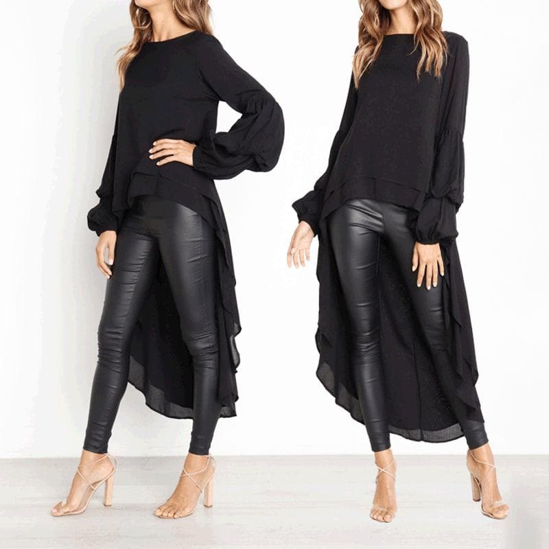 Women's Autumn Winter Long Sleeved Pullover Chiffon Shirt Irregular Chiffon Top for Women XL black