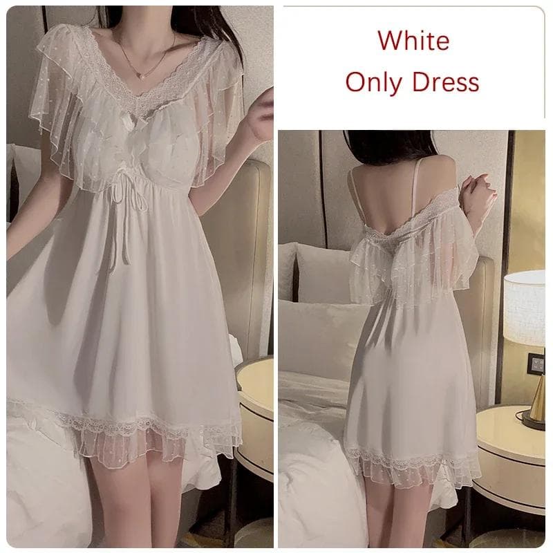 Women's Sweet Pajamas with Bra Thickened Lace Hem Fitted Silk Suspender Nightgown Women's Pajamas M