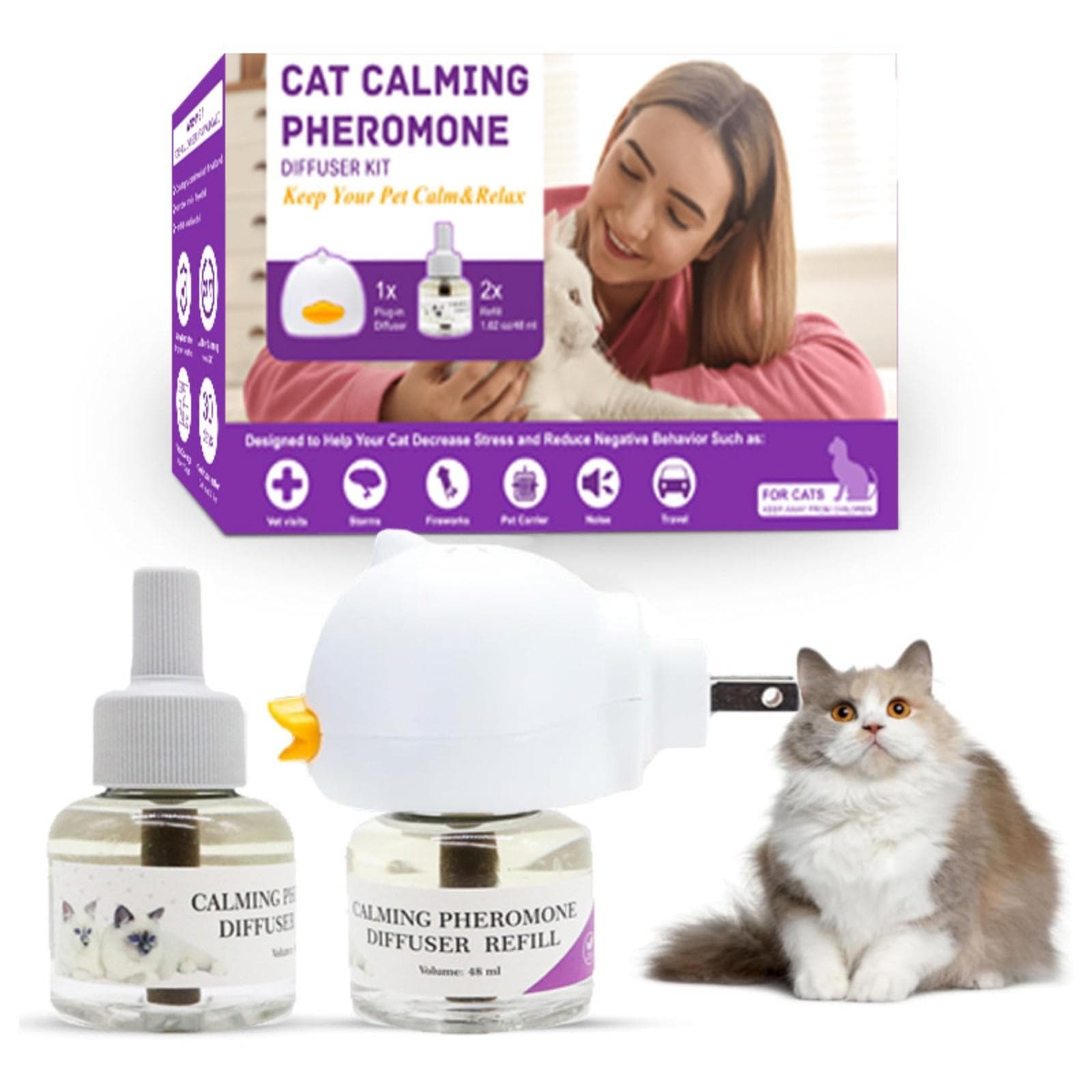 96ML 1 Diffuser 2 Soothing Liquid Pheromones Emotion Stabilizing Anti-Stress Electric Heating Cat Soothing Pheromone Soothing Agent Set One Size purple