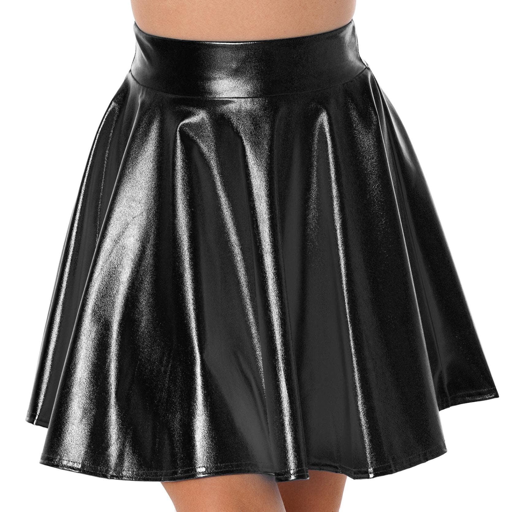 Womens Shiny Metallic Ruffle Glossy Mini Skirts Punk Party Clubwear Streetwear High Waist Flare Skirt Rave Cocktail Costume M black