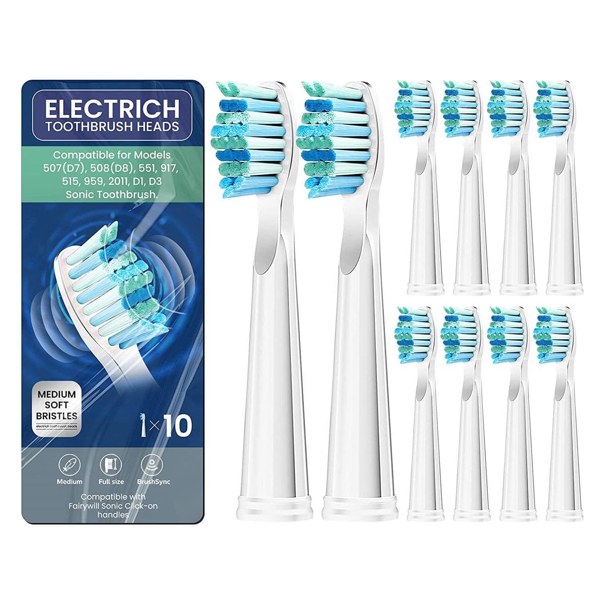 10pcs Electric Toothbrush Replacement Heads Work For Fairywill Electric Toothbrush FW-507 FW-508 515 FW-515 FW-551 YUNCHI Y1 white