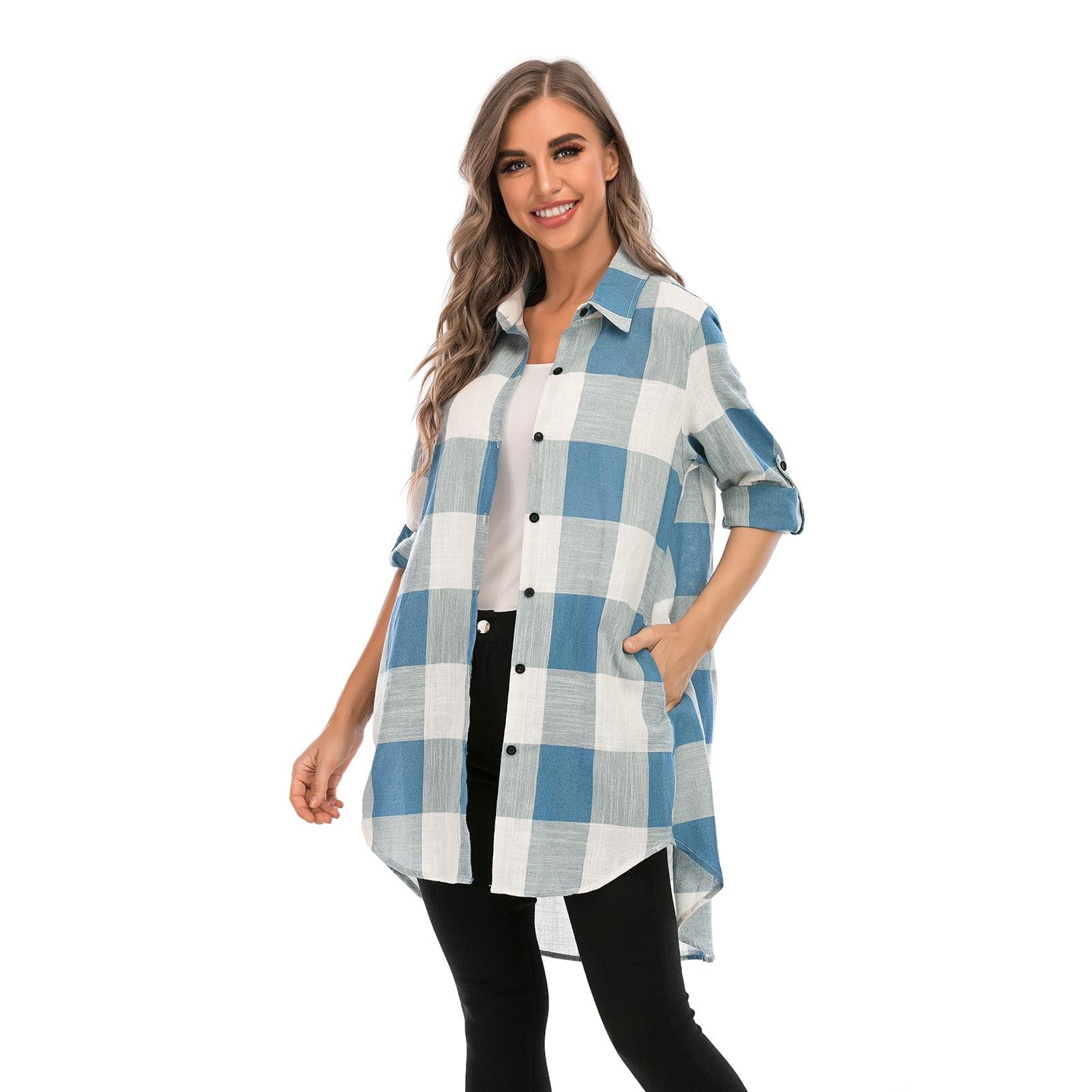 Women Plaid Shirt with Long Roll-Up Sleeves Pockets Button Down Turn-down Collar Loose Casual X-Large blue