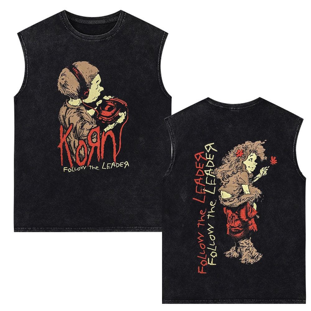 Korn Follow The Leader Rock Band Vintage Washed Tank Tops Men's Gothic Sleeveless Vest Cotton Oversized T-shirts M