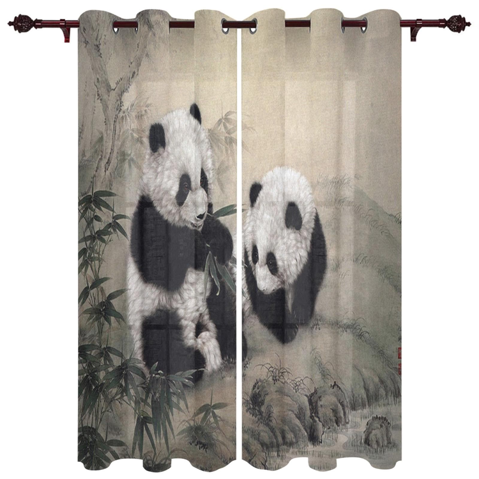 Animal Cute Panda Bamboo Window Curtains Bedroom Kitchen Decor Curtain Panel Window Curtains for Living Room 135W x 60H(cm)