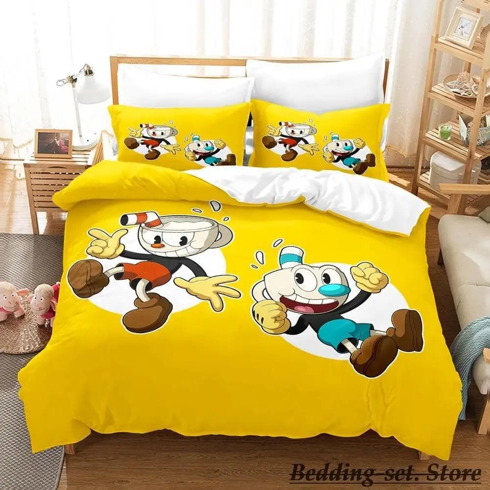 Game Cuphead Mugman Bedding Set Cartoon Anime three-piece set Adult Kid Bedroom Duvetcover Sets 3D Kawaii cama de casal 70x133cm 2pcs