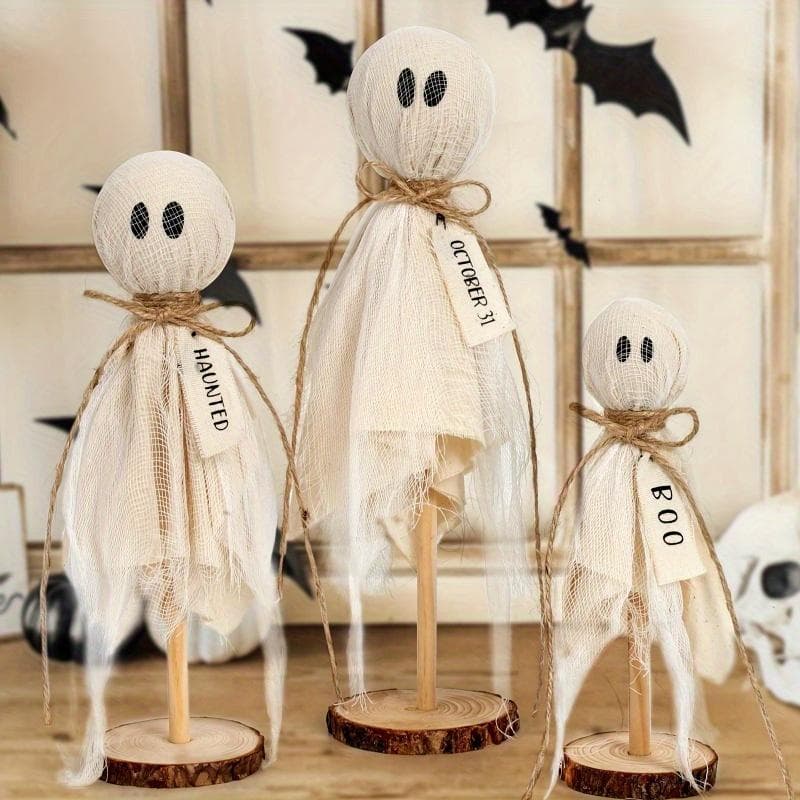 Rustic Ghost Figurine Set for Seasonal Spooky Celebrations - Manufactured Wood Ghosts with Stand for Tabletop, Shelf & Mantel Display, Ghost ornament