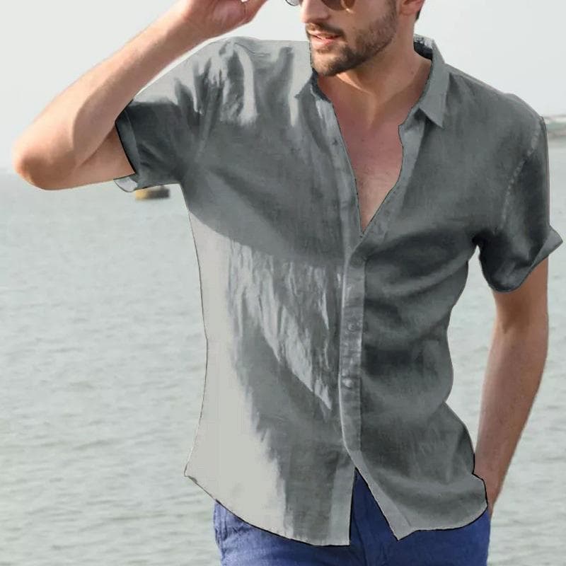 Solid Color Men's Casual Resort Short Sleeve Shirt XL grey