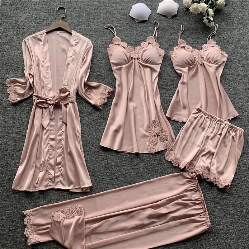 Pajamas Five Piece Set Sexy Lace Trim Nightgown Nightwear Spring Summer Women Bath Robe Loose Silk Satin Home Wear Pijamas Suit L