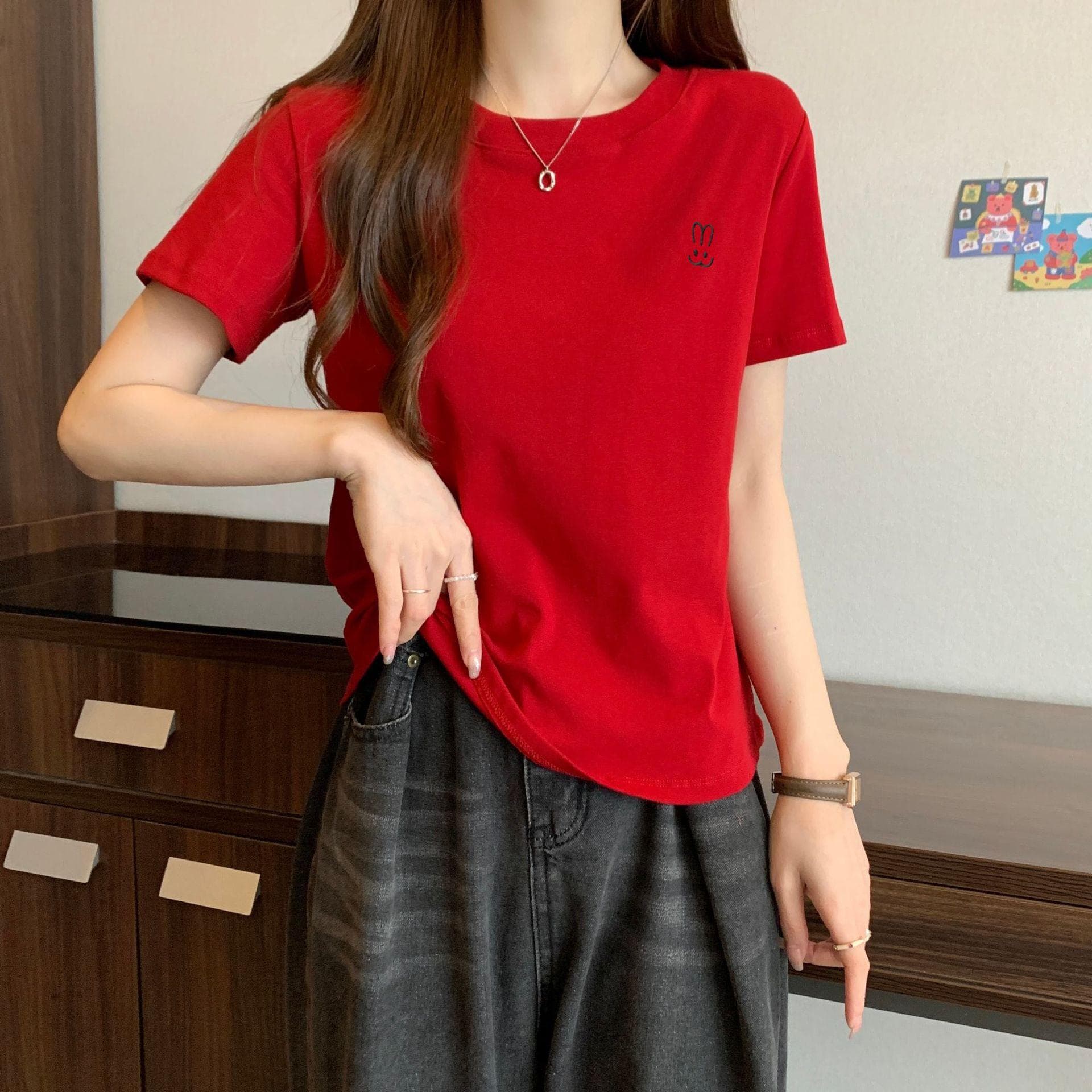 Solid Color Round Neck White Front Shoulder Short-sleeved T-shirt for Women In Summer Loose Slim Bottom Shirt Top Short-sleeved Women XL red