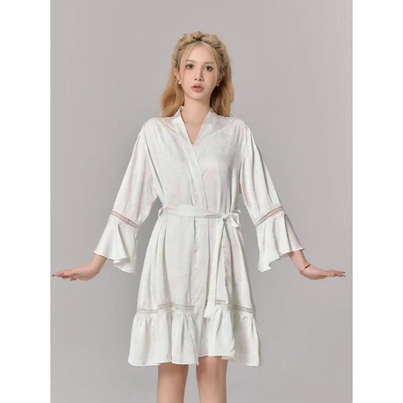 French Dressing Gown Pajamas for Women Autumn Sexy Suspender Skirt Nightgown Bathrobe Two-piece Ice Silk Set XL
