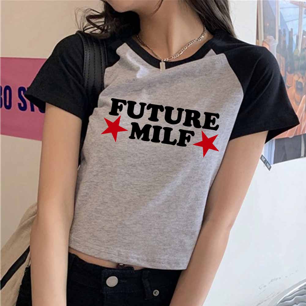 Summer Graphic Streetwear T-Shirt Y2k Crop T Shirts Future Milf Star Fashion Women Crop Top Harajuku Streetwear Slim T Shirt S grey