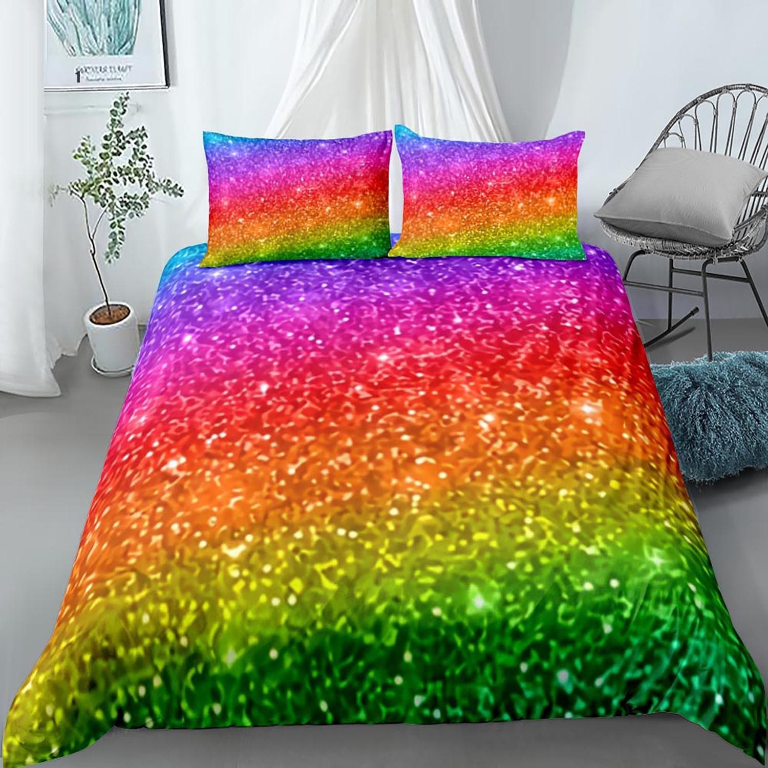 Rainbow Duvet Cover Set Colorful Glitter Rainbow Bedding Set for Kid Boy Girl Multicolor Comforter Cover Polyester Quilt Cover 140x210cm 2pcs