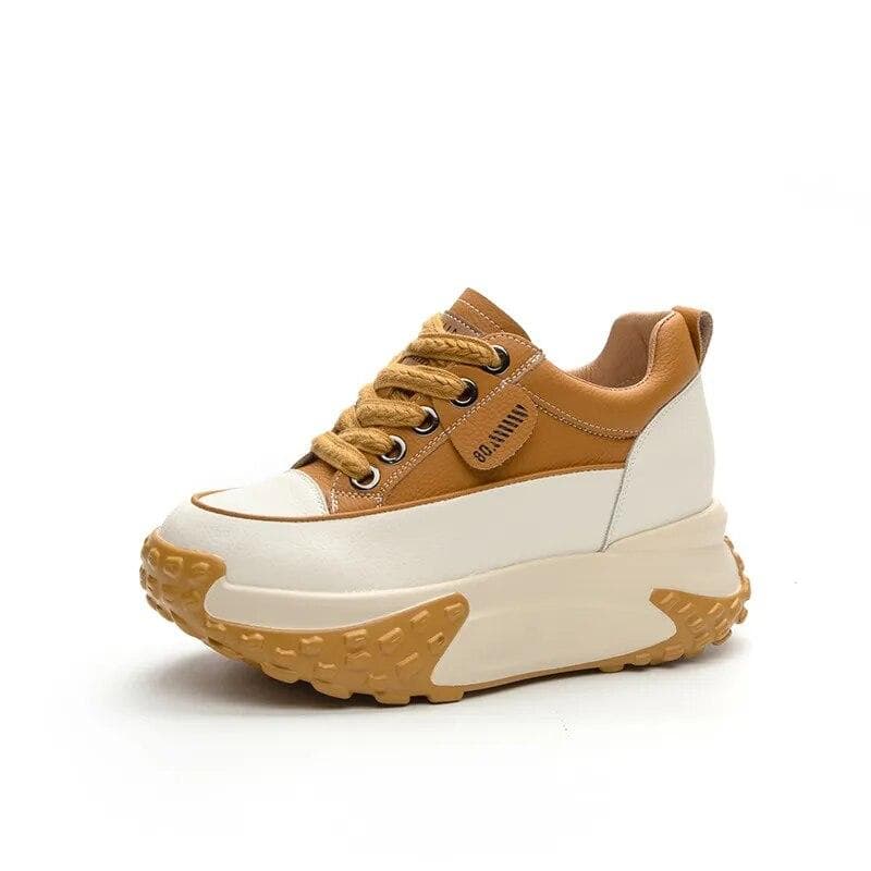 Fujin 7cm Genuine Leather Platform Wedge Fashion Women Spring Well-fitting Autumn Chunky Sneakers Shoes Breathable Mixed Color 39 yellow