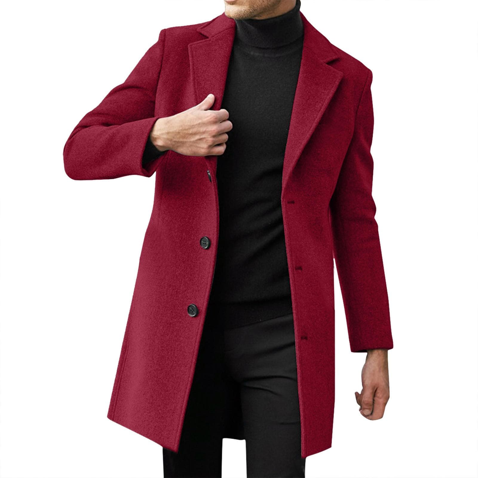 Men's Single Breasted Lapel Coat Long Sleeve Solid British Style Single Breasted Coat XL red