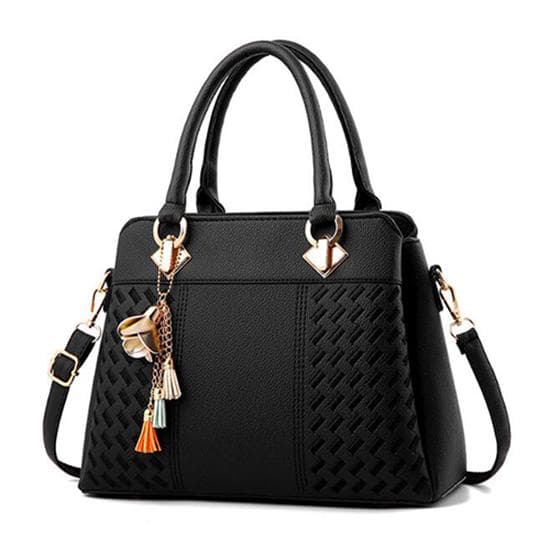 Women Tassel Leather Handbags Tote Top-handle Embroidery Shoulder Bag 31cm*14cm*23cm black