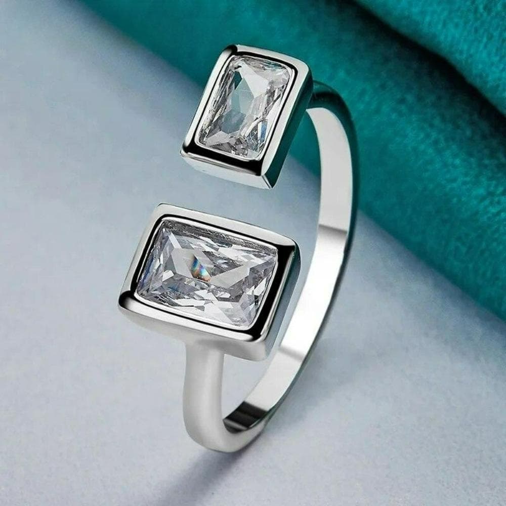 Silver Color Double Square Zircon Open Ring For Women Wedding Party Charm Jewelry