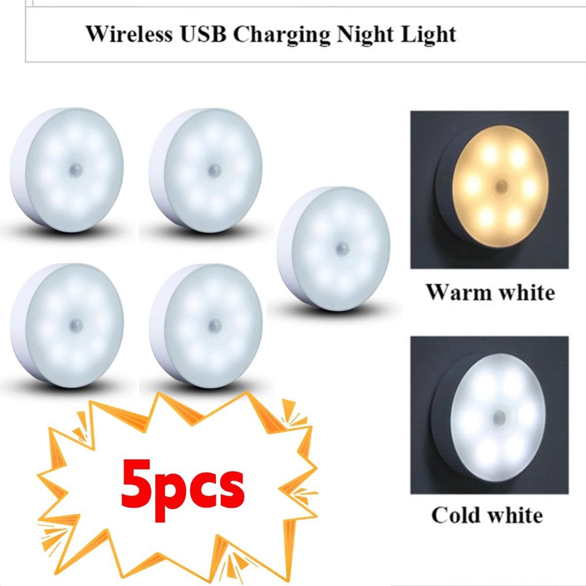 2/3/4/5pcs Motion Sensor LED Night Light USB Rechargeable Night Lamp for Kitchen Cabinet Wardrobe Lamp Staircase Wireless Closet Light one light two color-5PCS