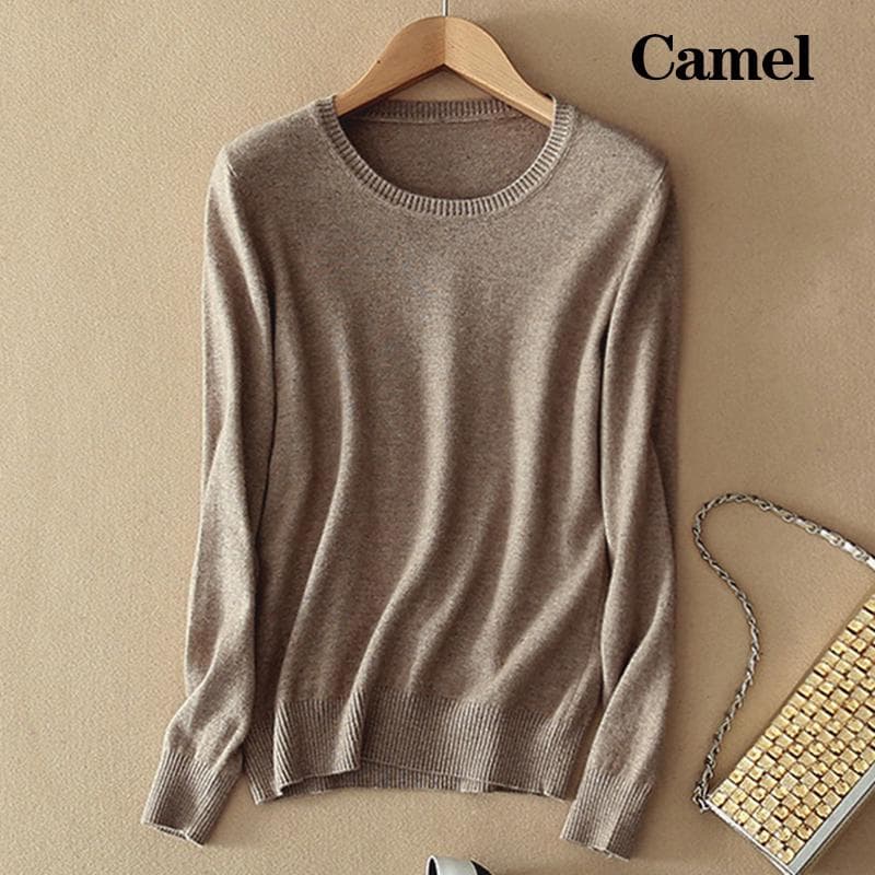 Women's Cozy Knitted Pullover Cashmere Sweater Crew Neck Fuzzy Slim Fit Red Black Wool M camel