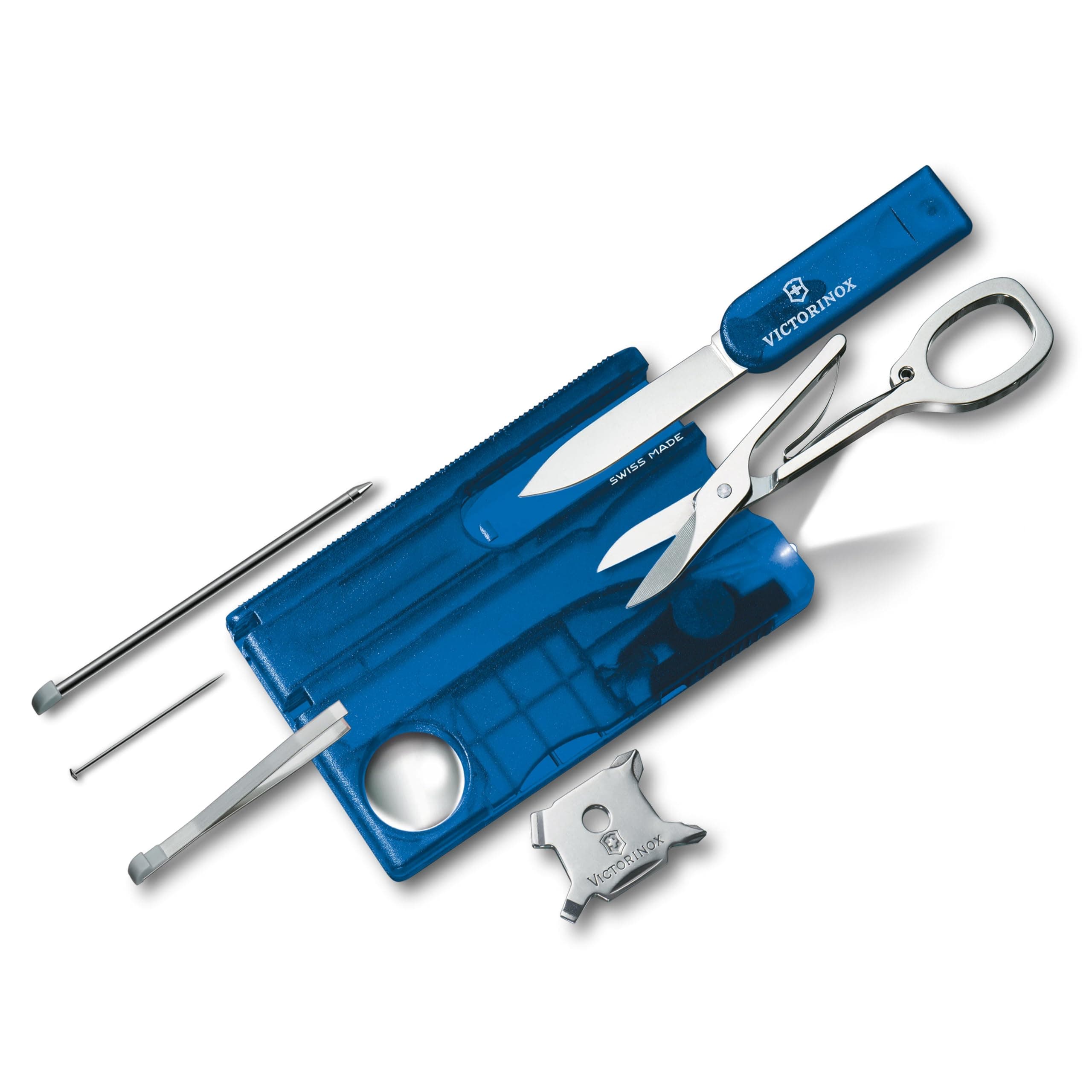 VICTORINOX Swiss Card Light Translucent Blue Swiss Army Knife, Multi-Function Stationery, Magnifying Glass, Ballpoint Pen, LED Light, Phillips Screwdr