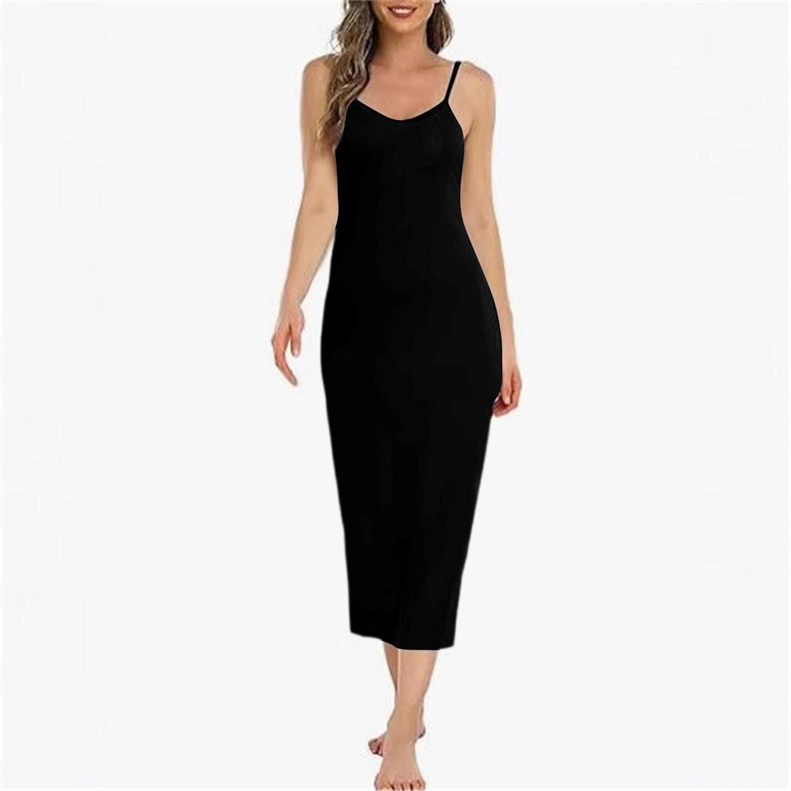 Women Long Slip Dress Basic Adjustable Spaghetti Straps Cami Slip Dress Soft V Neck Nightgown Under Dresses S black