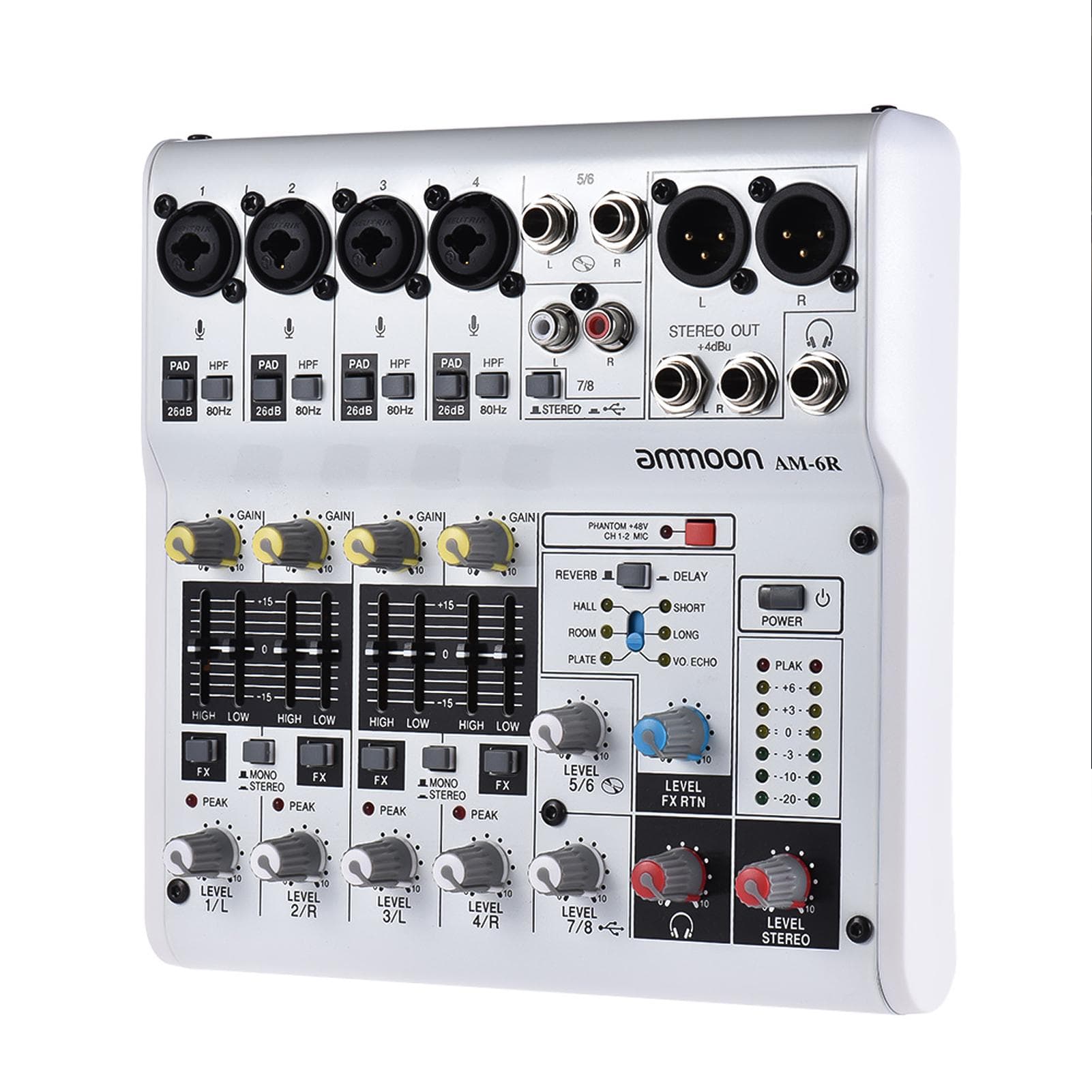 AM4R 6Channel Digital Audio Mixer Mixing Console Builtin 48V Phantom Power Support Powered by 5V US Plug 8way