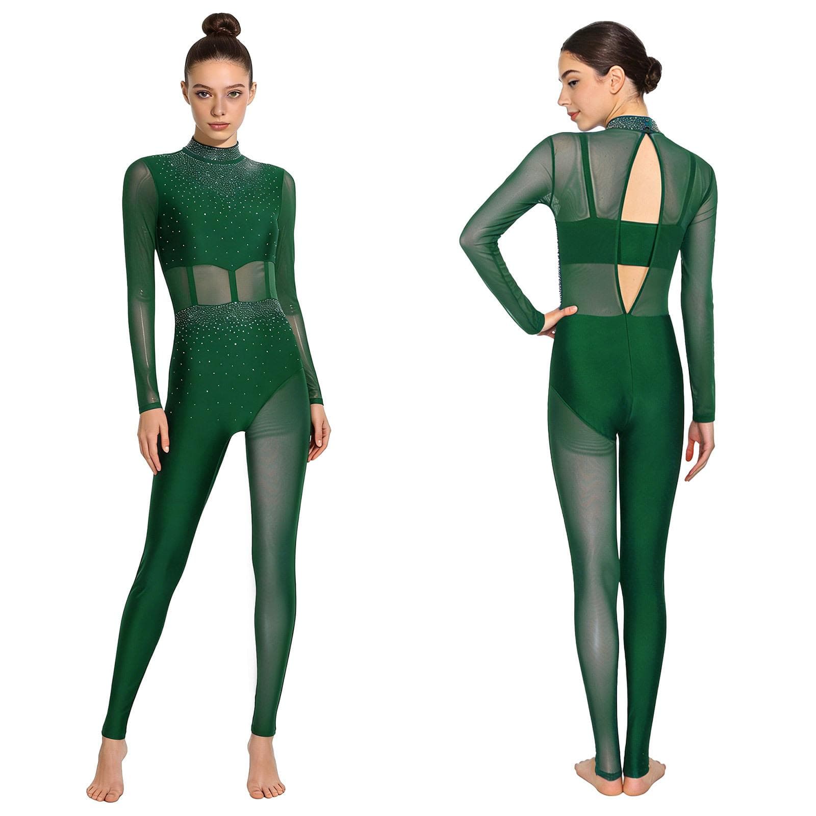 S-XXL Women's Gymnastics & Figure Skating Unitard: Rhinestone Sheer Mesh Patchwork with Cutout Back, Full-Body Performance Wear XXL green