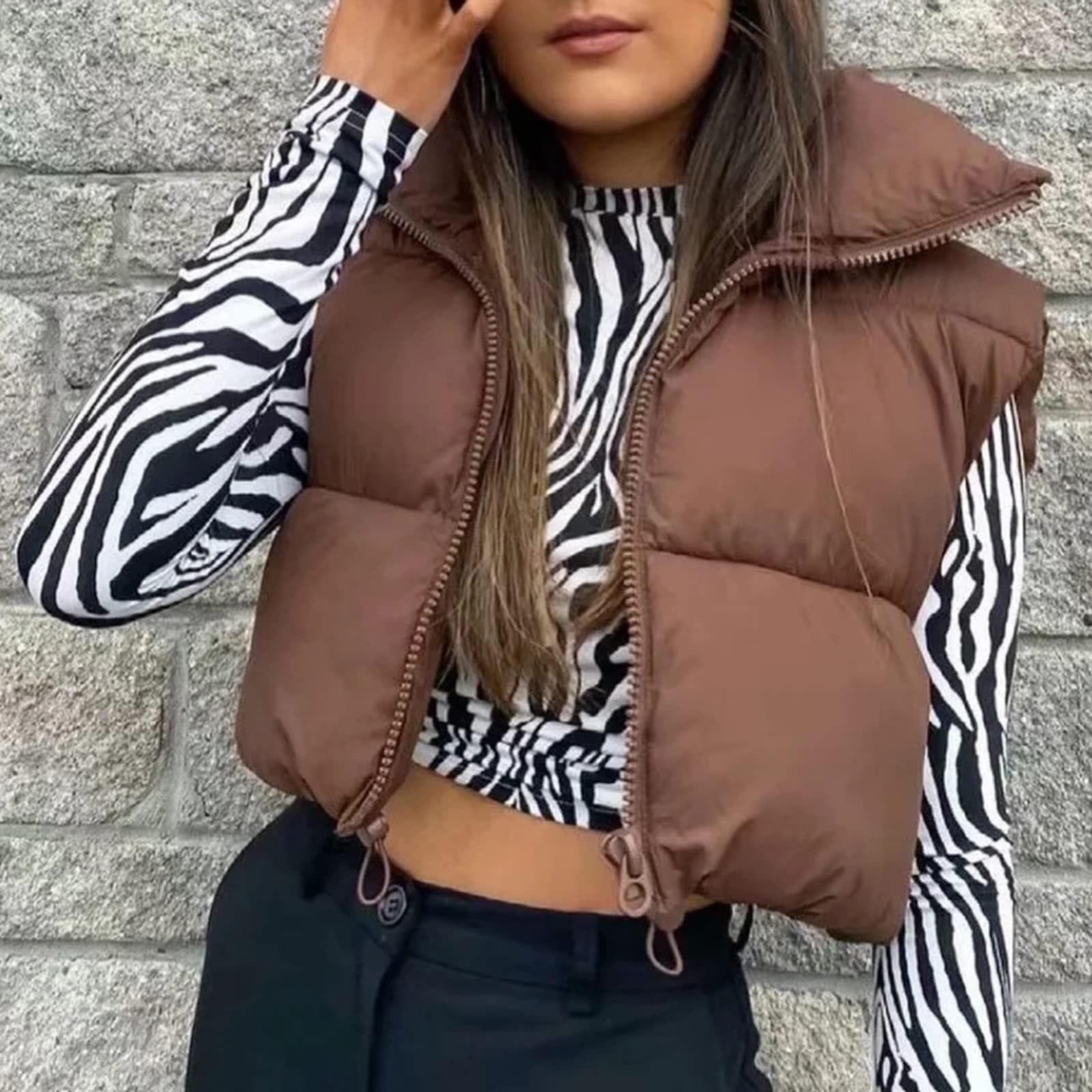 Women's Winter Tank Top Sleeveless Bomber Lightweight Stand Collar Zip Solid Quilted Vest L brown