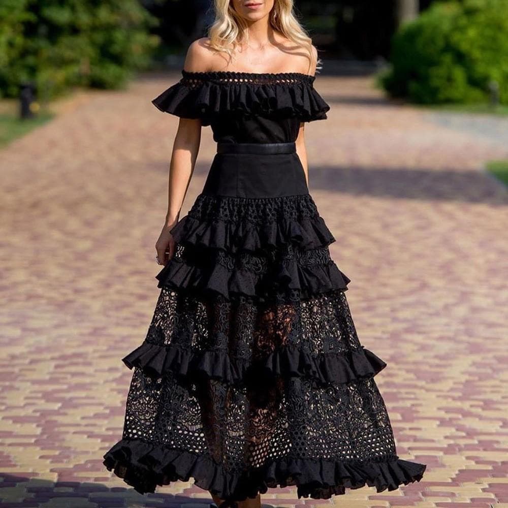 European and American Women's Clothing One-word Shoulder Ruffle Edge Hollow Pendulum Lace Dress New XXL black