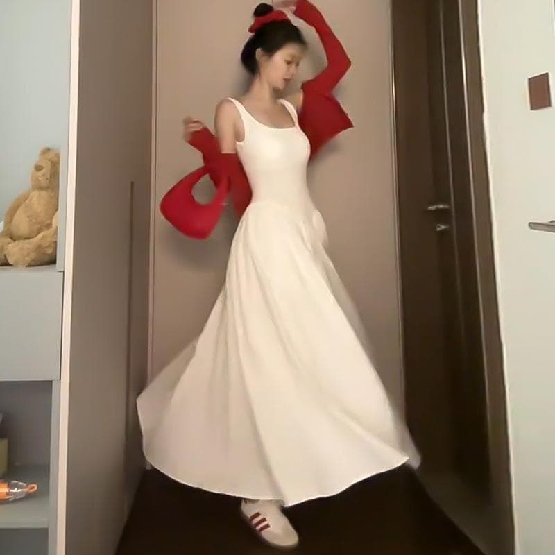 Korean Square Collar Suspender Dress for Women In Summer New Style Waist-hugging A-line Long Skirt Gentle Small Puffy Skirt L white