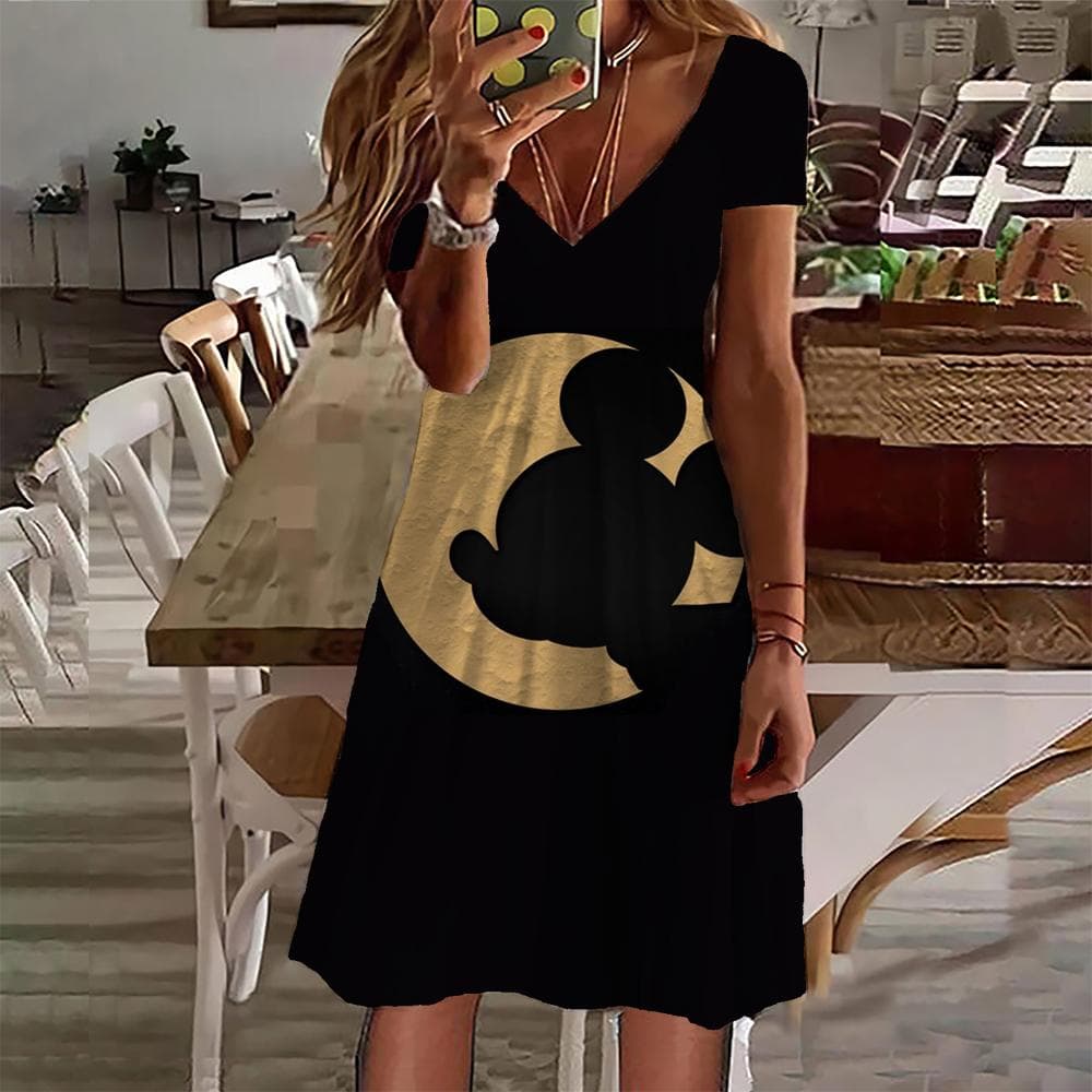 New 2024 Summer Dresses Women Disney Mickey Mouse print Dress Female Clothing Casual Retro Short Sleeve Loose Plus Size Dress S