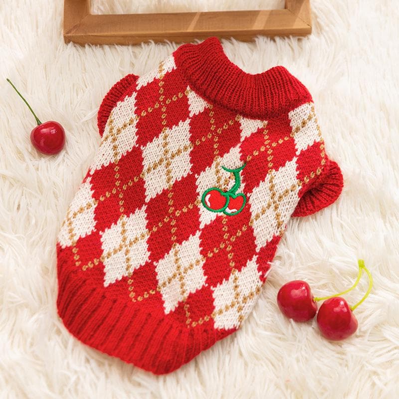 Autumn and Winter Dog Thickened Warm Rhombus Embroidered Cherry Small Flying Sleeve Sweater Medium and Small Dog Cat Pet Clothes XL