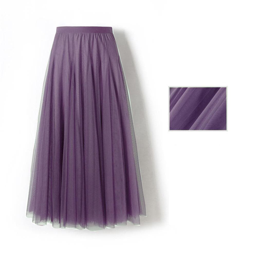 New Women Mesh Elastic Tutu Skirt Beach Spring Summer Korean High Waist Fashion Pleated Long Skirt Black White Tulle Skirts 80cm Violet