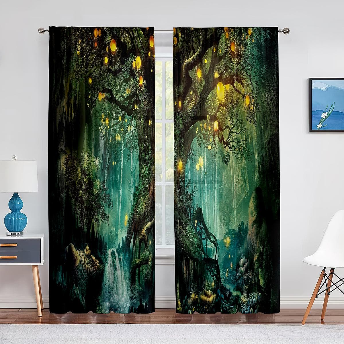 Forest Fairy Tales Lanterns and Fantasy Large Tree Tulle Curtains for Living Room Bedroom Decoration Chiffon Sheer Voile Curtain 1 PCS W150XH250cm&Grommet Top