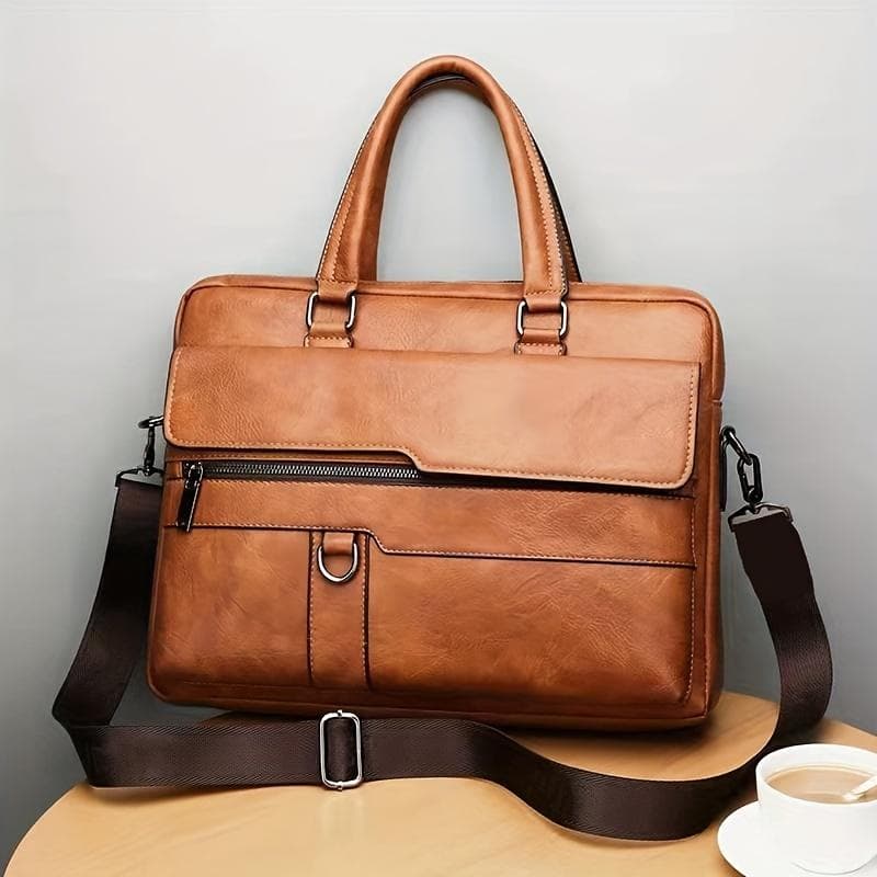 Vintage PU Leather Business Briefcase Messenger Bag Handbag for Men Travel Work Computer Bag Crossbody Shoulder Pack brown