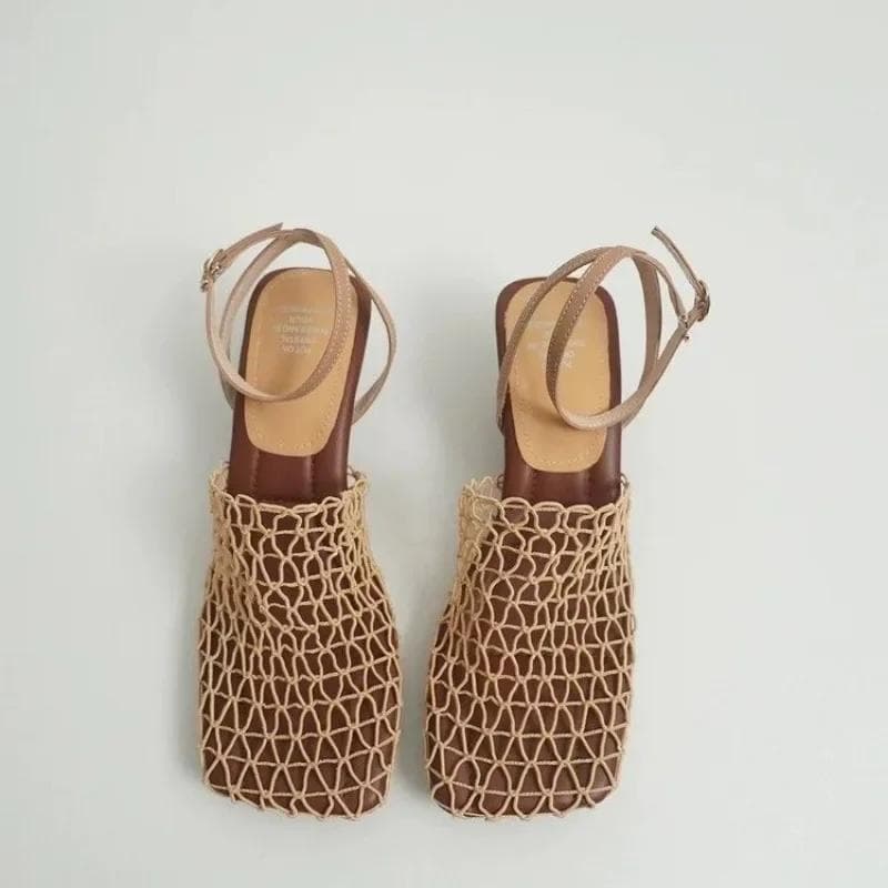 Summer Luxury Designer Sandals Women's Lace Mesh Square Toe Shallow Narrow Strap Braided Slip-on High Heels Sandals 40 apricot