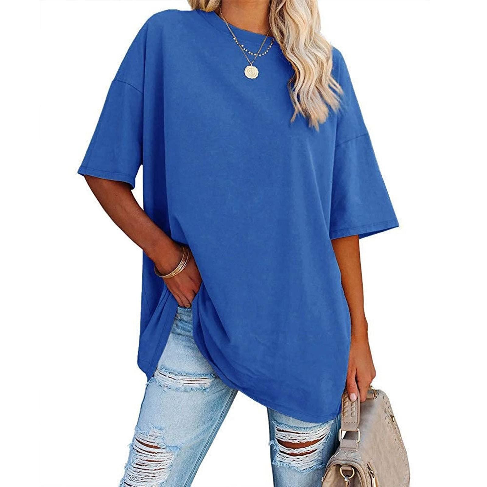 Women's Plus Size T Shirts Oversized Tees Summer Short Sleeve Loose Tunic Tops L royal blue