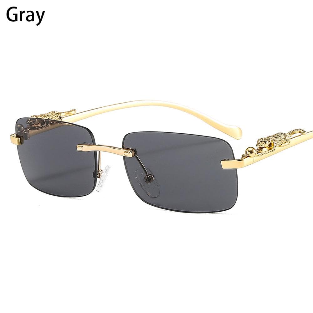 Women Men Rimless Rectangle Sunglasses Clear Ocean Lens Cheetah Decoration UV Protection Lightweight