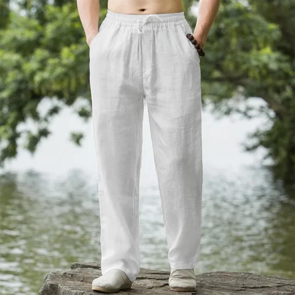 Men's Cotton Linen Pants Hawaiian Vacation Holiday Beach Trousers Breathable Streetwear Casual Pants Loose Men Bottoms L white