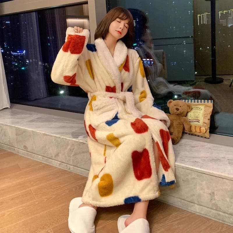 Women's Printed Mid-calf Robe Design Winter Warm and Thickened Korean Style Home Wear Casual and Popular Women's Loose Bathrobe L