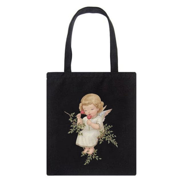 Fiorucci Letter Angel Cartoon Casual Vintage Large-capacity Fashion Harajuku Canvas Bag Hip Hop Shopping Bag Women Shoulder Bags 29*32cm