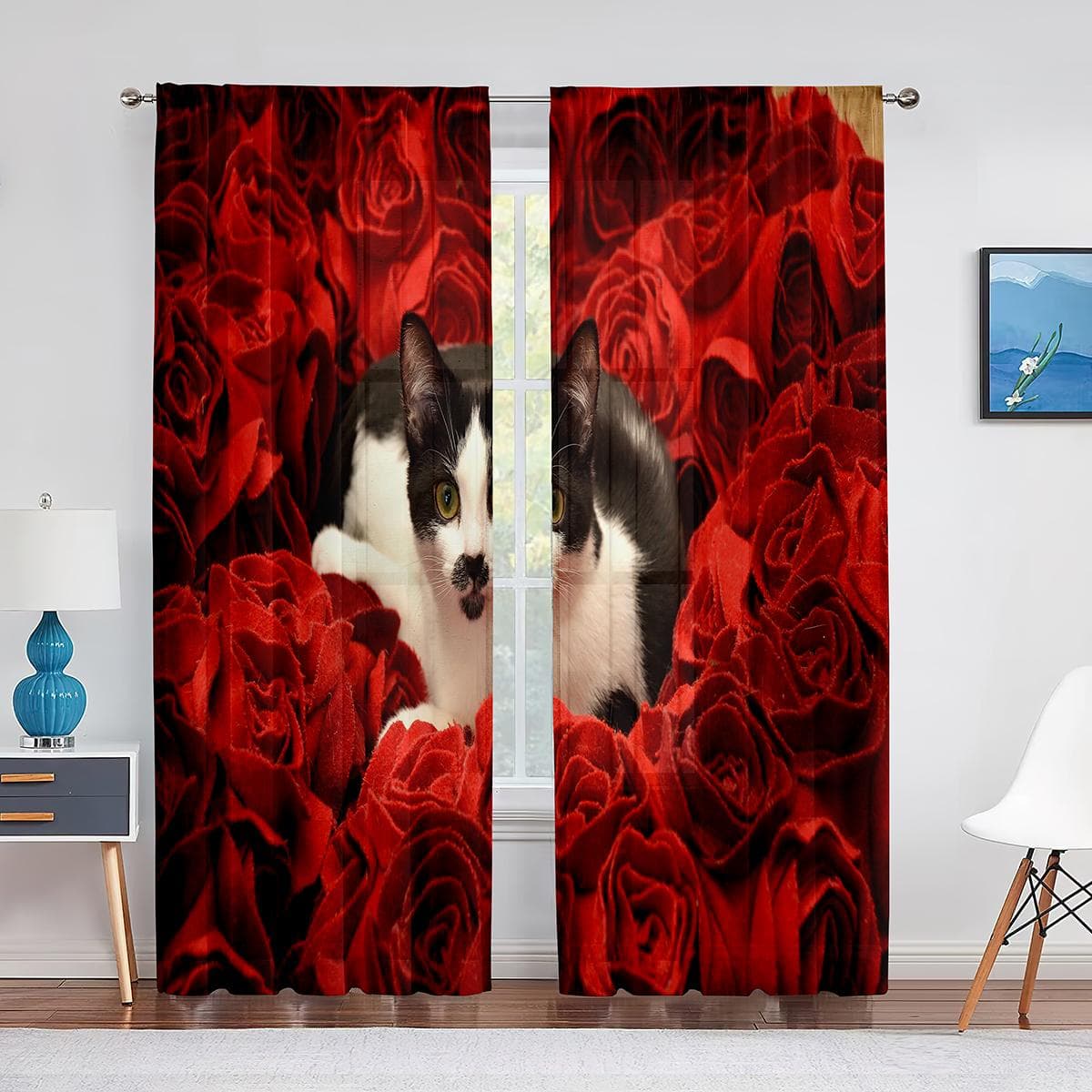 Cute Kitten In Flowers Sheer Voile Curtain Kawaii Cat Animal Modern Window Tulle Curtains for Living Room Bedroom Kitchen Decor 1 PCS W100XH250cm&Grommet Top