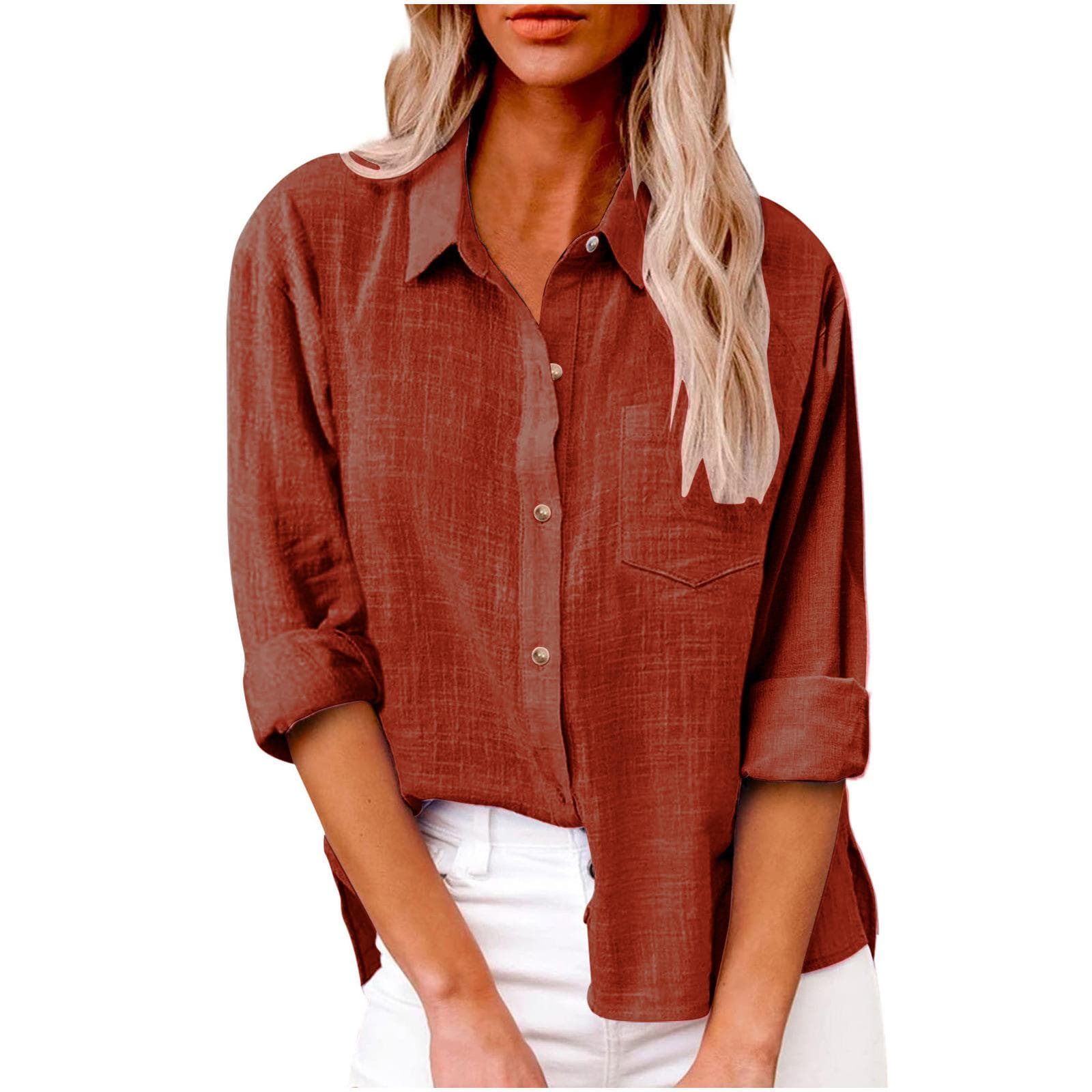 Thin Fabric Spring Autumn Pocket Split Long Sleeve Blouse Women's Breathable Soft Top Plus Size Cotton Linen Shirt M orange