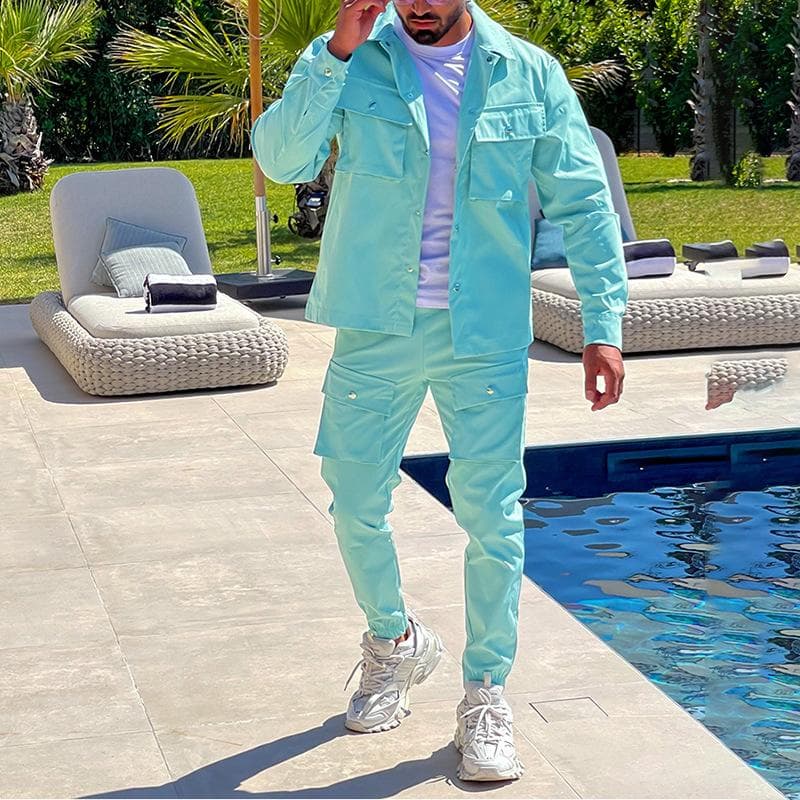 Men's Jacket Cargo Pants Set with Pocket Button Spring Fall Blue Tracksuit Solid Color Male Fashion 2 Pieces Suit XL turquoise