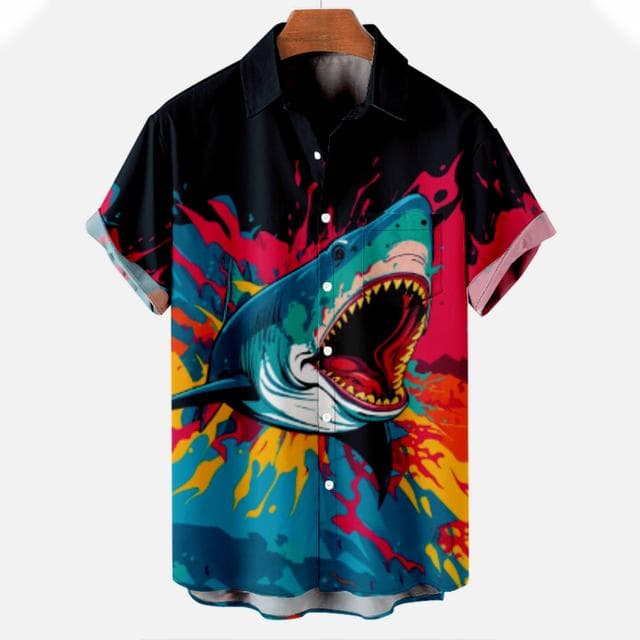 New Men's Shirts 3D Animal Print Clothes Fashion Button Short Sleeve Lapel Streetwear Shirt for Men Hawaiian Shark Blouse Tshirt L
