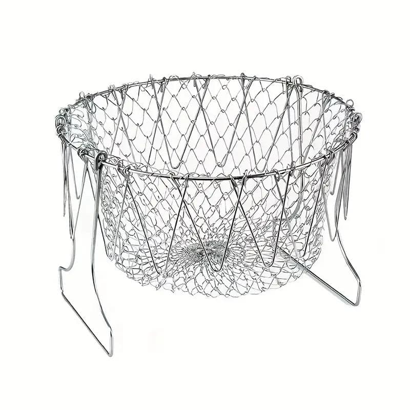 1pc Stainless Steel French Fries Drainer Basket Foldable Drainer Basket Flexible Kitchen Tool for Fried Food Washing Fruits