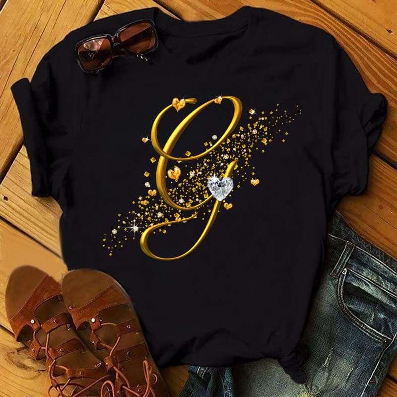 Custom Name Letter 3D Printe Women T-shirt Diamond Gold Letter Font A B C D E F G Black T-shirt 6XL