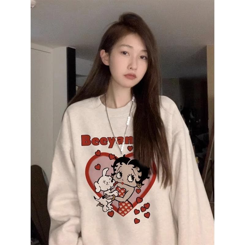 New American Style Gray Round Neck Sweatshirt for Women's Spring and Autumn Thin Plush Long-sleeved Top 3XL