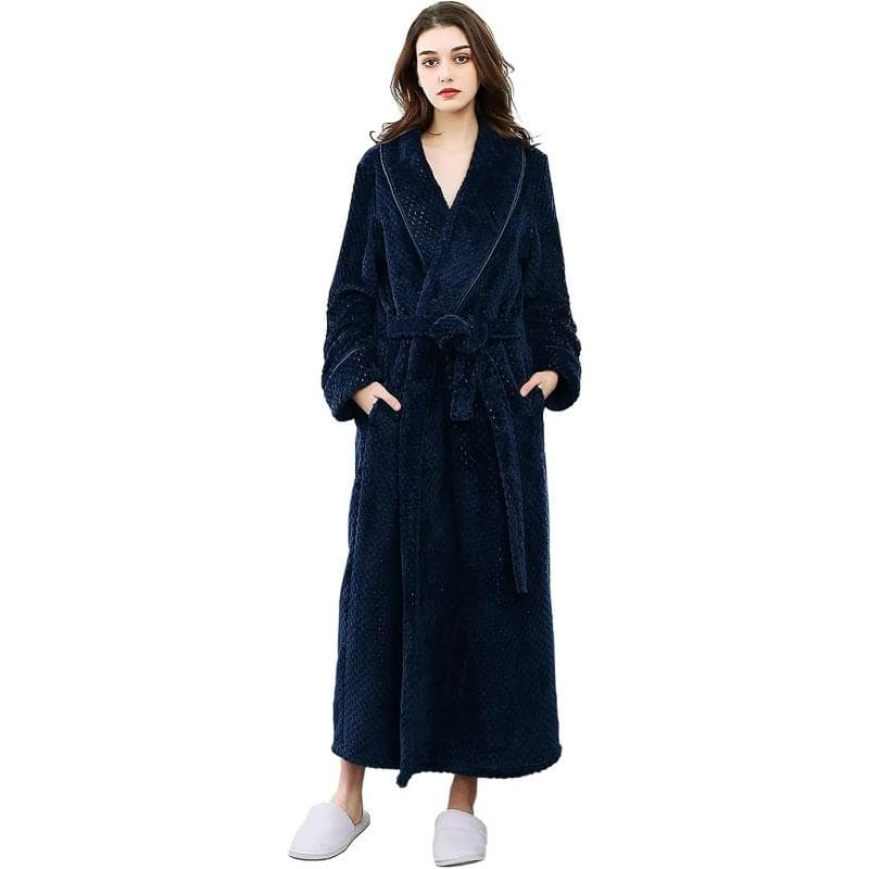 Loose Long Thick Bath Robe Hooded Winter Thick Women Bathrobe Flannel Terry Warm Comfortable Sleepwear for Female Dressing Gown M navy blue