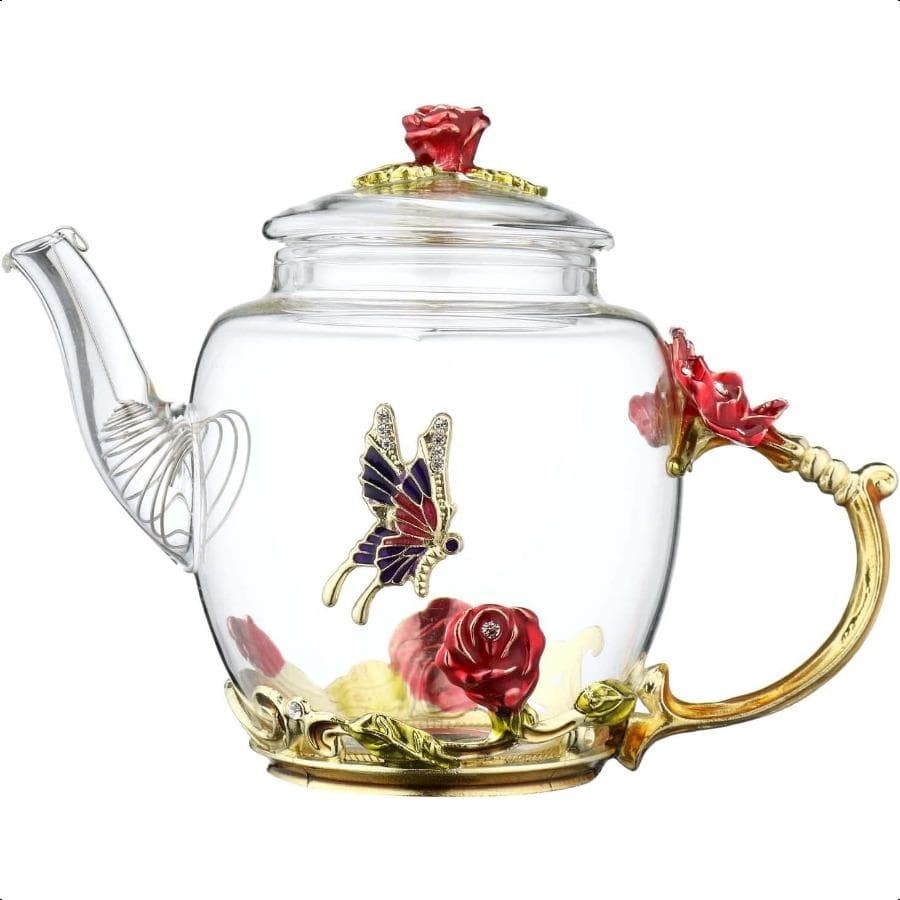 Floral glass teapot, with golden leaf edges, in red color United States